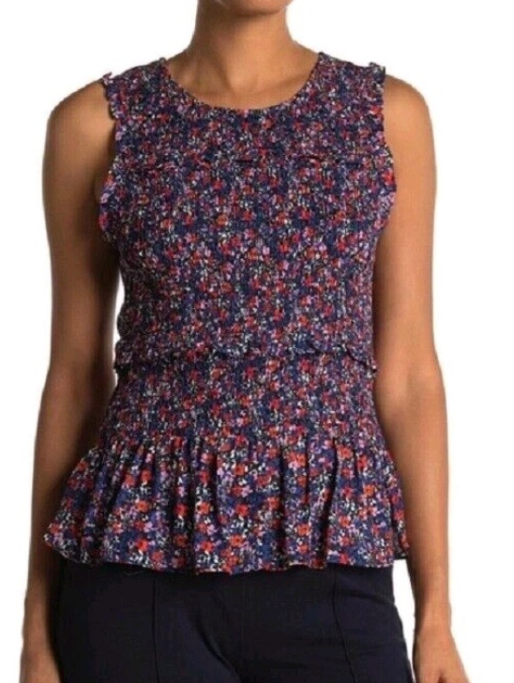 Parker Navy Floral Sleeveless Smocked Camisole with Red & Purple Accents